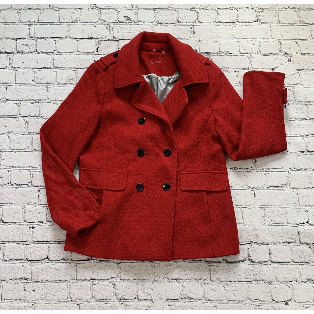 Calvin Klein Womens Red Double Breasted Wool Blend Coat Size 10 Peacoat Jacket